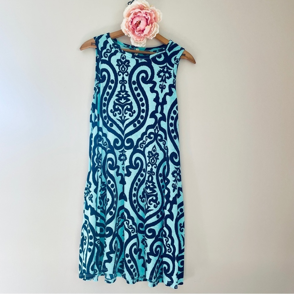 Beacon River Sleeveless Tank Dress Small Damask Print Teal Green Navy Blue - Picture 2 of 9